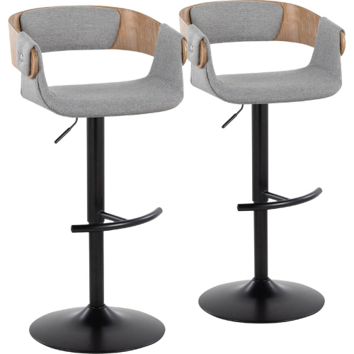 Elisa Adjustable Swivel Bar Stool in Black Metal, White Washed Wood & Grey Fabric (Set of 2)